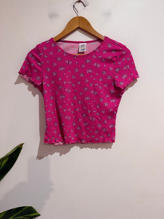 H&H Pink Ditsy Floral Ribbed Crop Top Size S-M