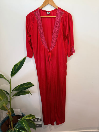 Kuu Kee Red Satin & Lace Long Nightgown Robe