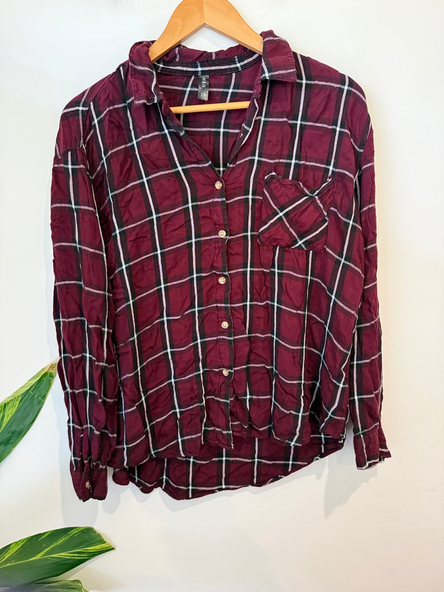 H&H Burgundy Check Flannel Shirt Size 18