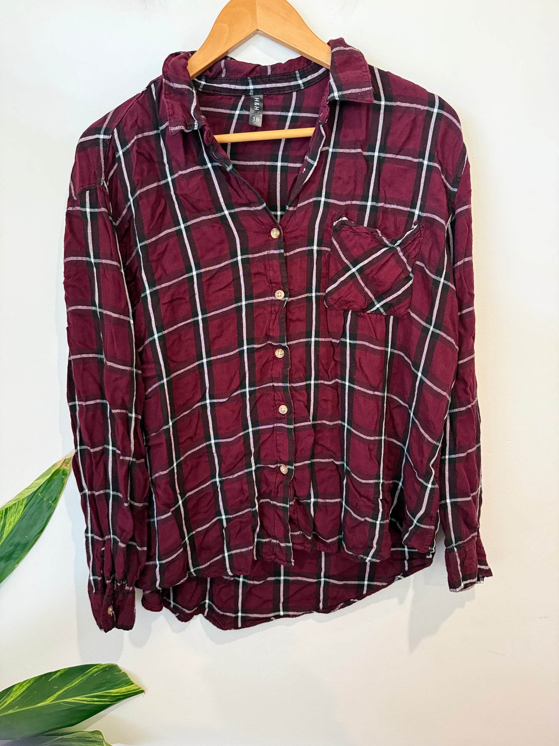 H&H Burgundy Check Flannel Shirt Size 18