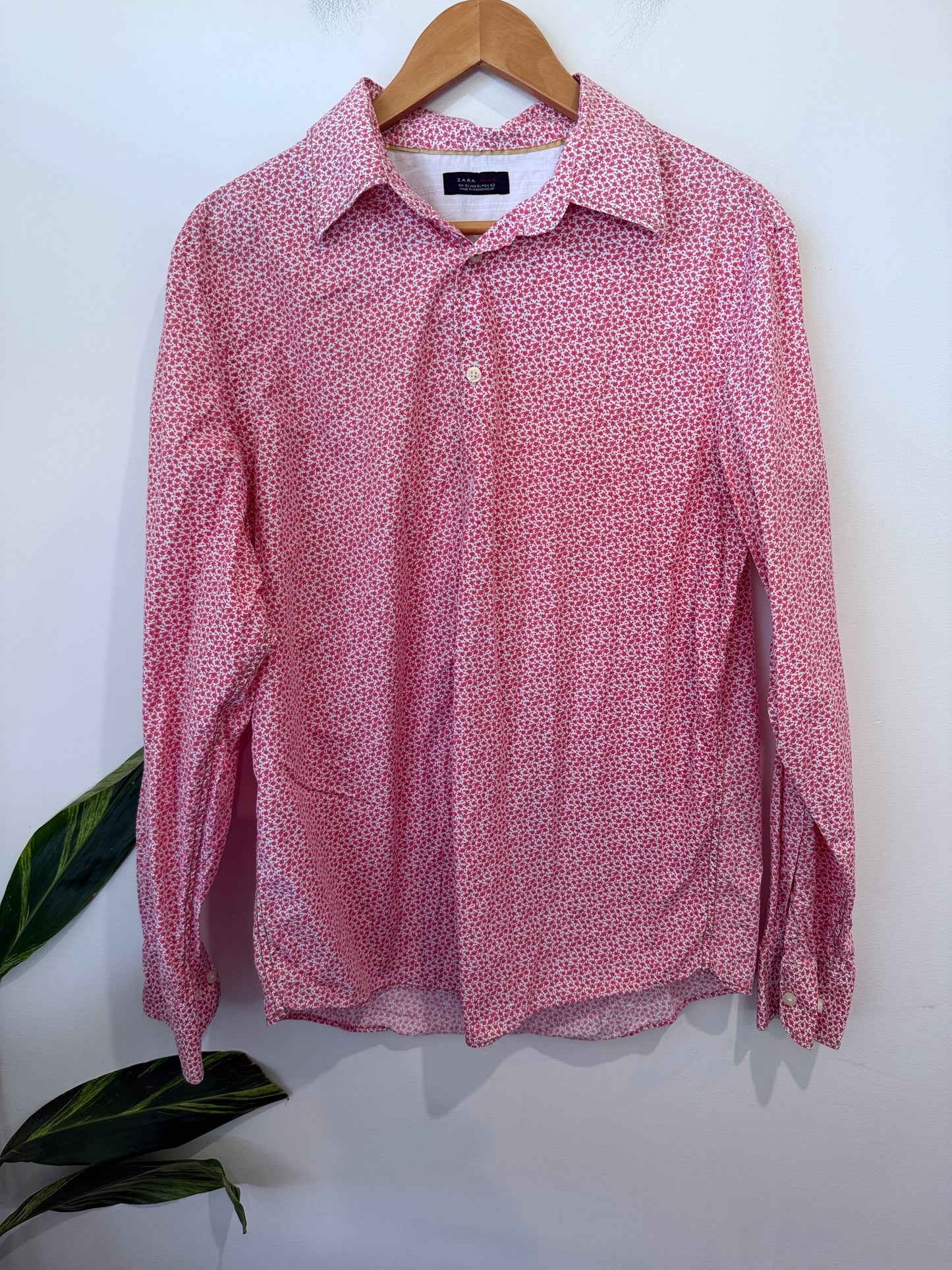Zara Man Pink Ditsy Floral Shirt Size XL