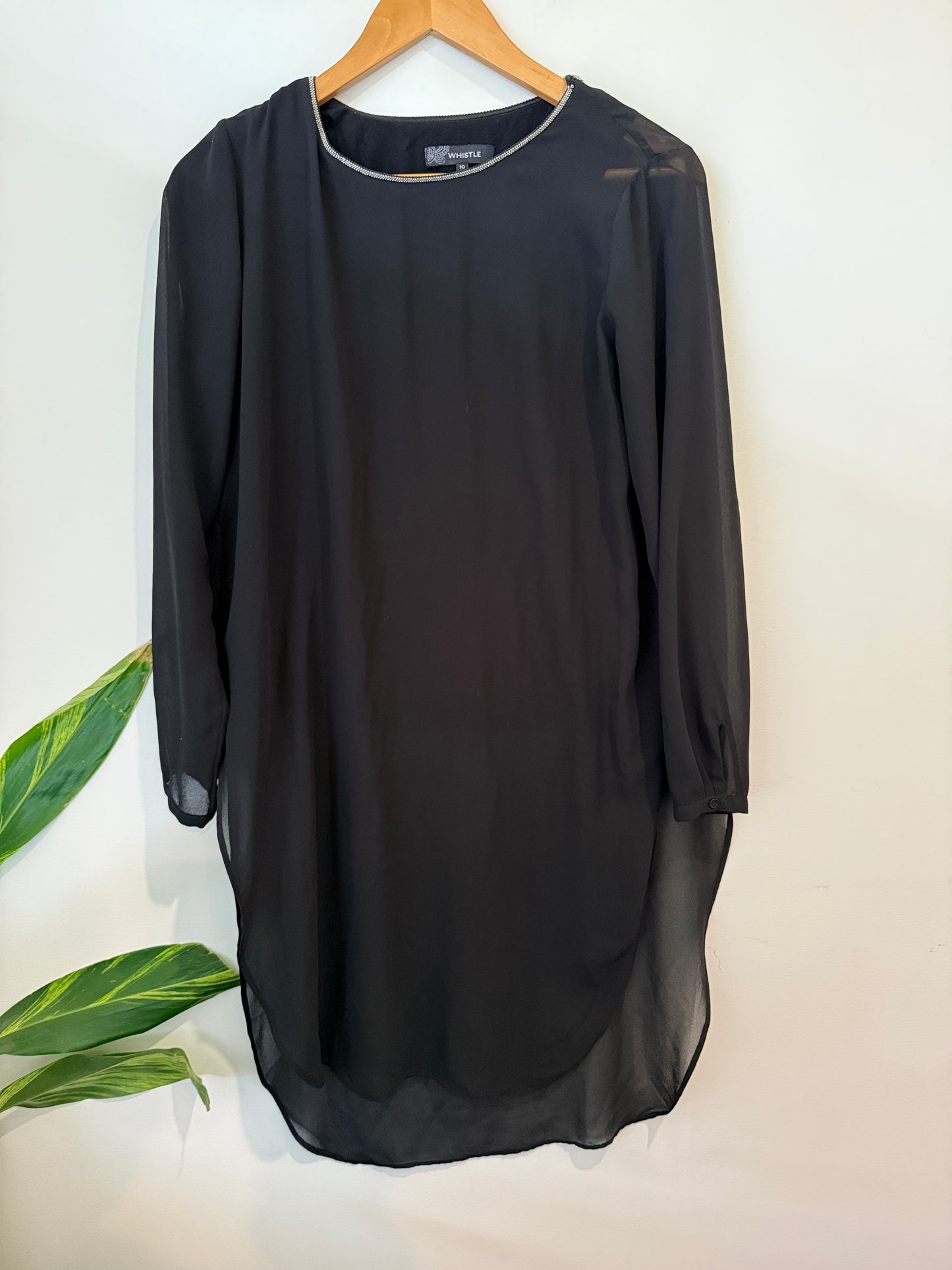 Whistle Black Chiffon Beaded Neck Shift Tunic Size 10