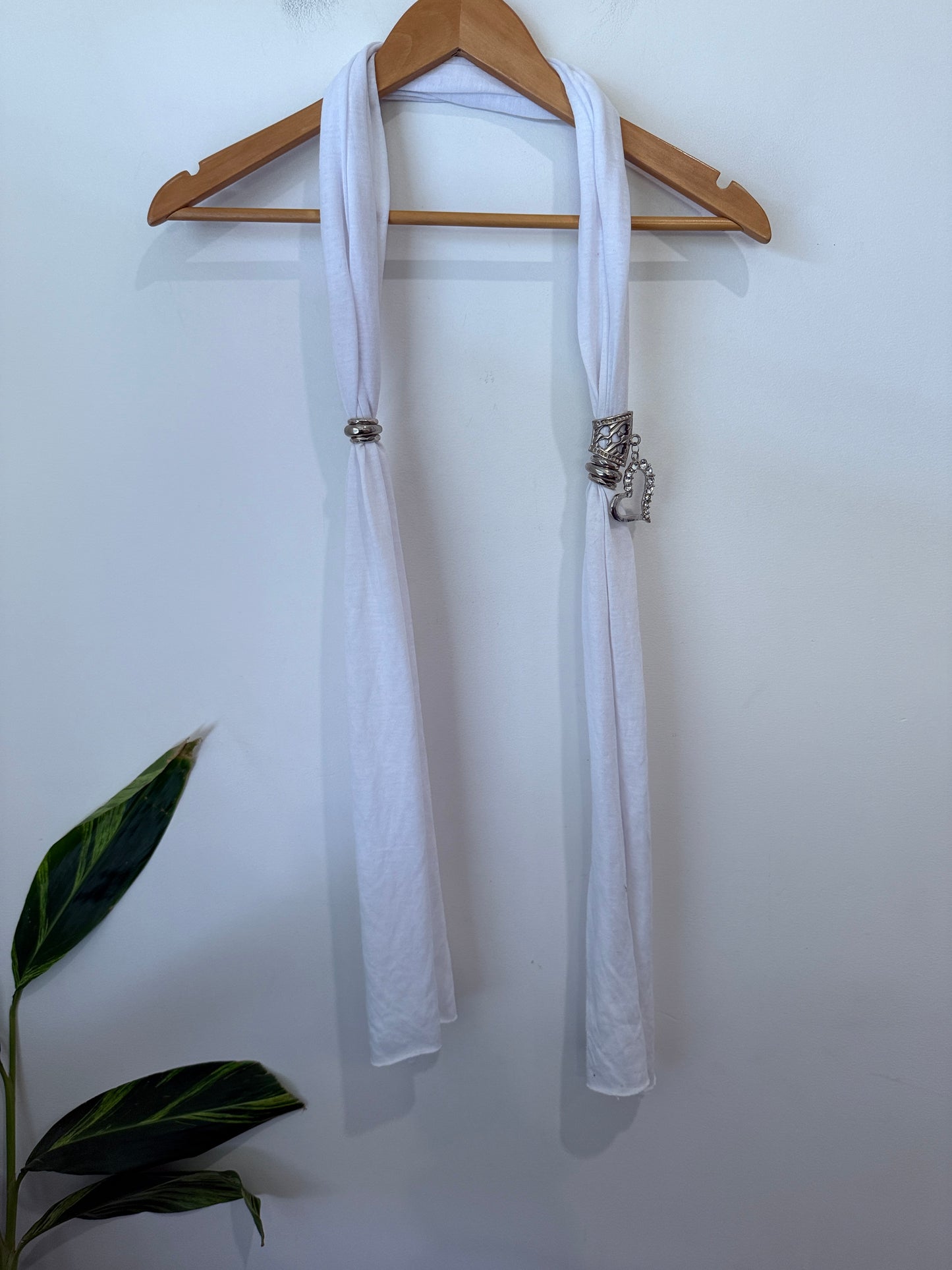 White Lightweight Scarf with Silver Charm Ring