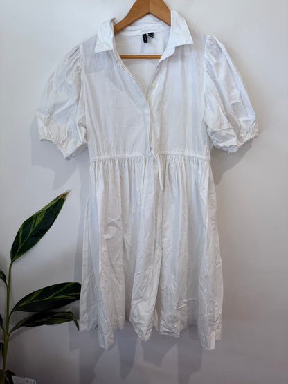 Vero Moda White Cotton Tiered Puff Sleeve Shirt Dress Size M