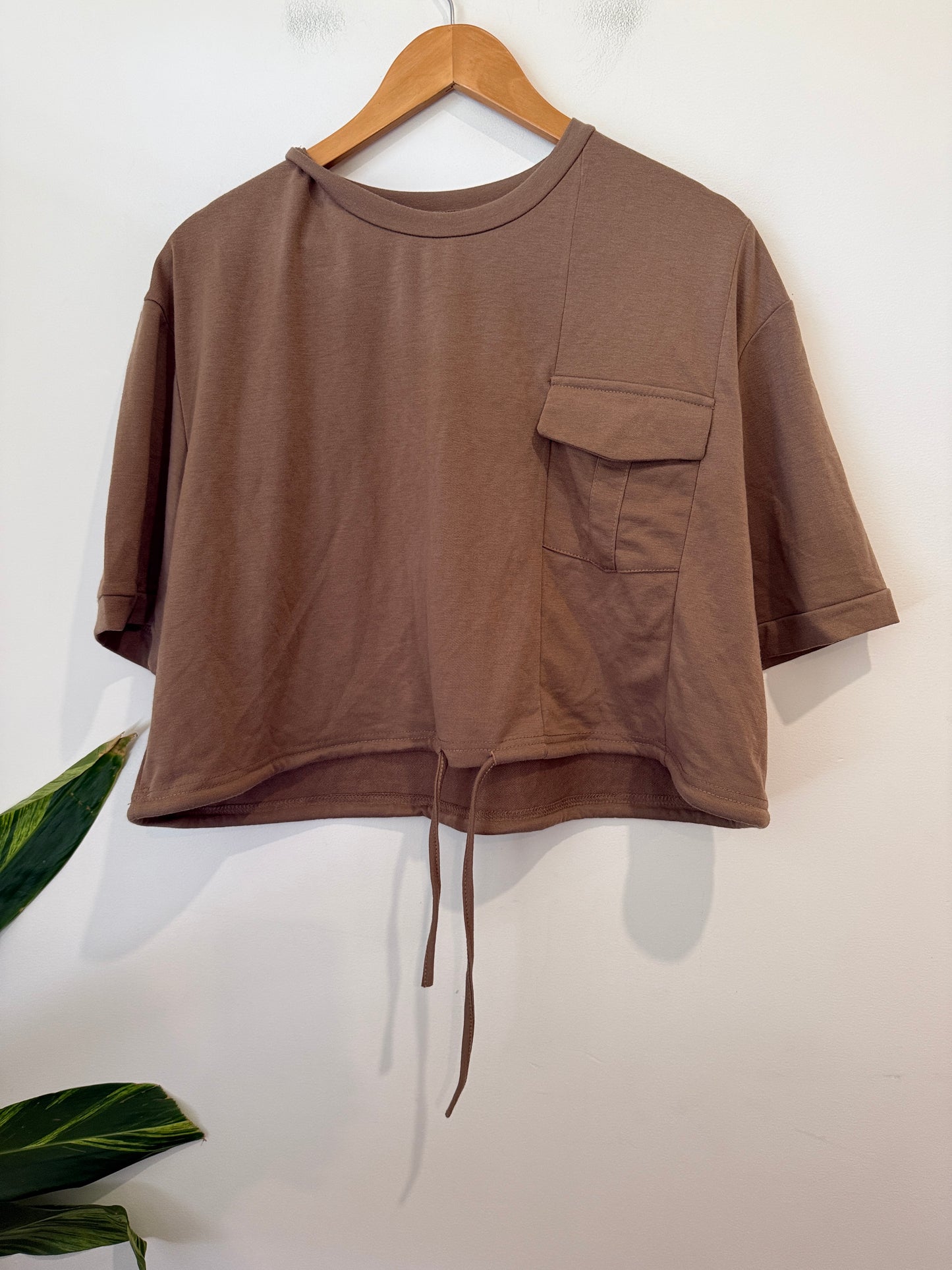 Mocha Pocket Crop Tee with Drawstring Hem Size XXL