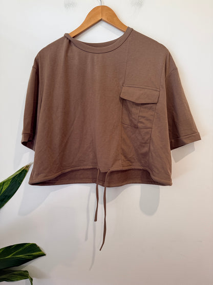 Mocha Pocket Crop Tee with Drawstring Hem Size XXL