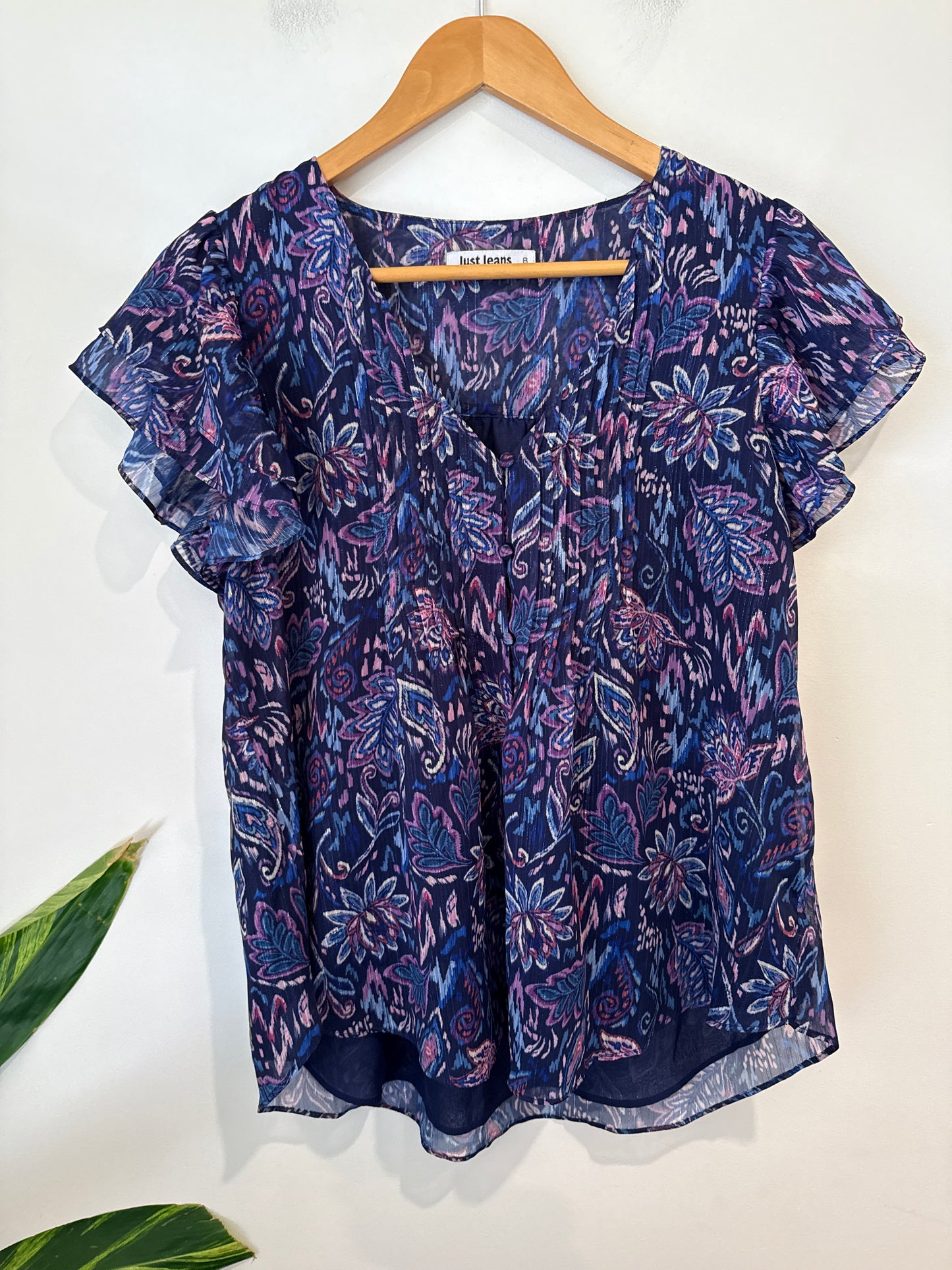 Just Jeans Navy Paisley Flutter Sleeve Top Size 8