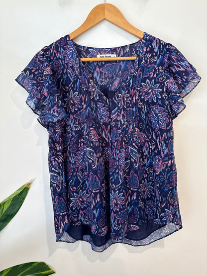 Just Jeans Navy Paisley Flutter Sleeve Top Size 8