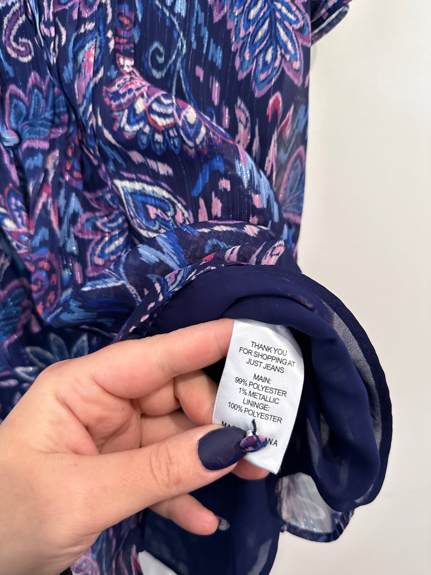 Just Jeans Navy Paisley Flutter Sleeve Top Size 8