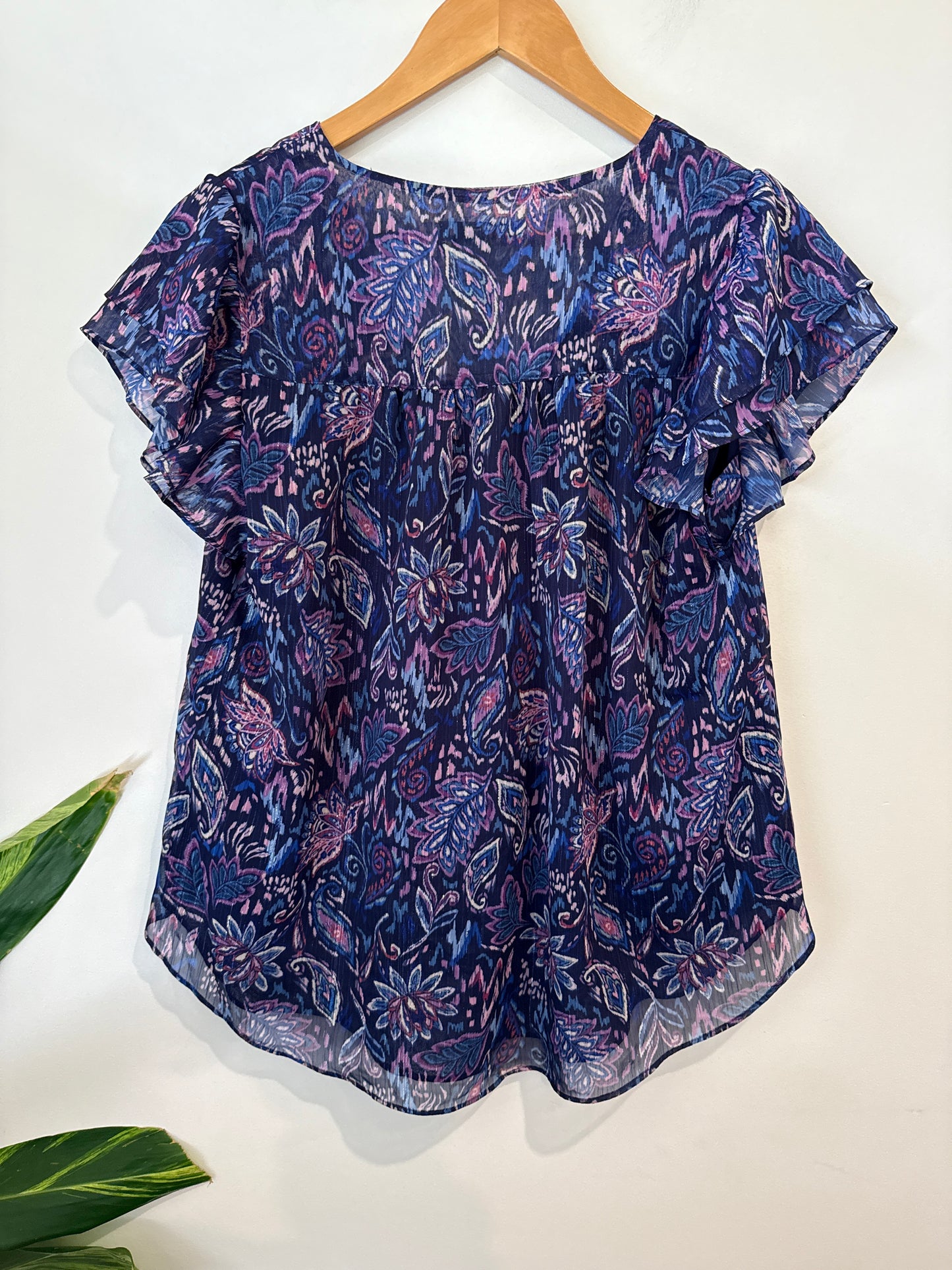 Just Jeans Navy Paisley Flutter Sleeve Top Size 8