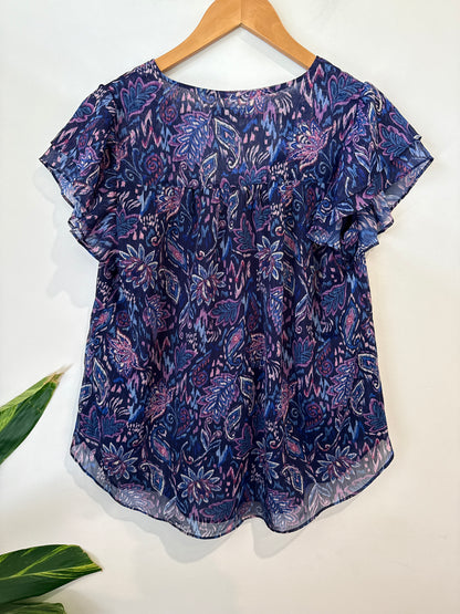 Just Jeans Navy Paisley Flutter Sleeve Top Size 8