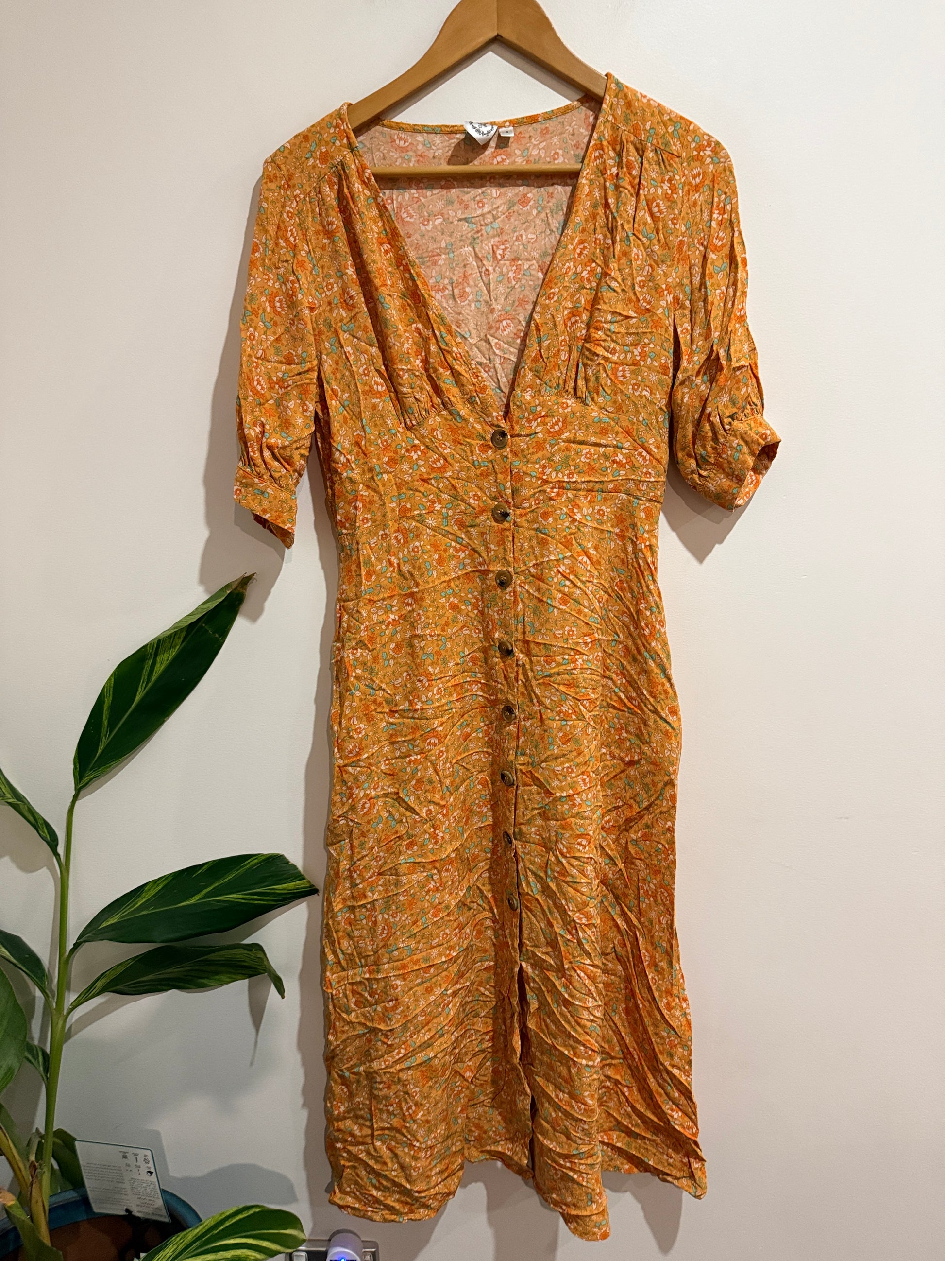 Silver Wishes Orange Floral Button Front Midi Dress | Size 8