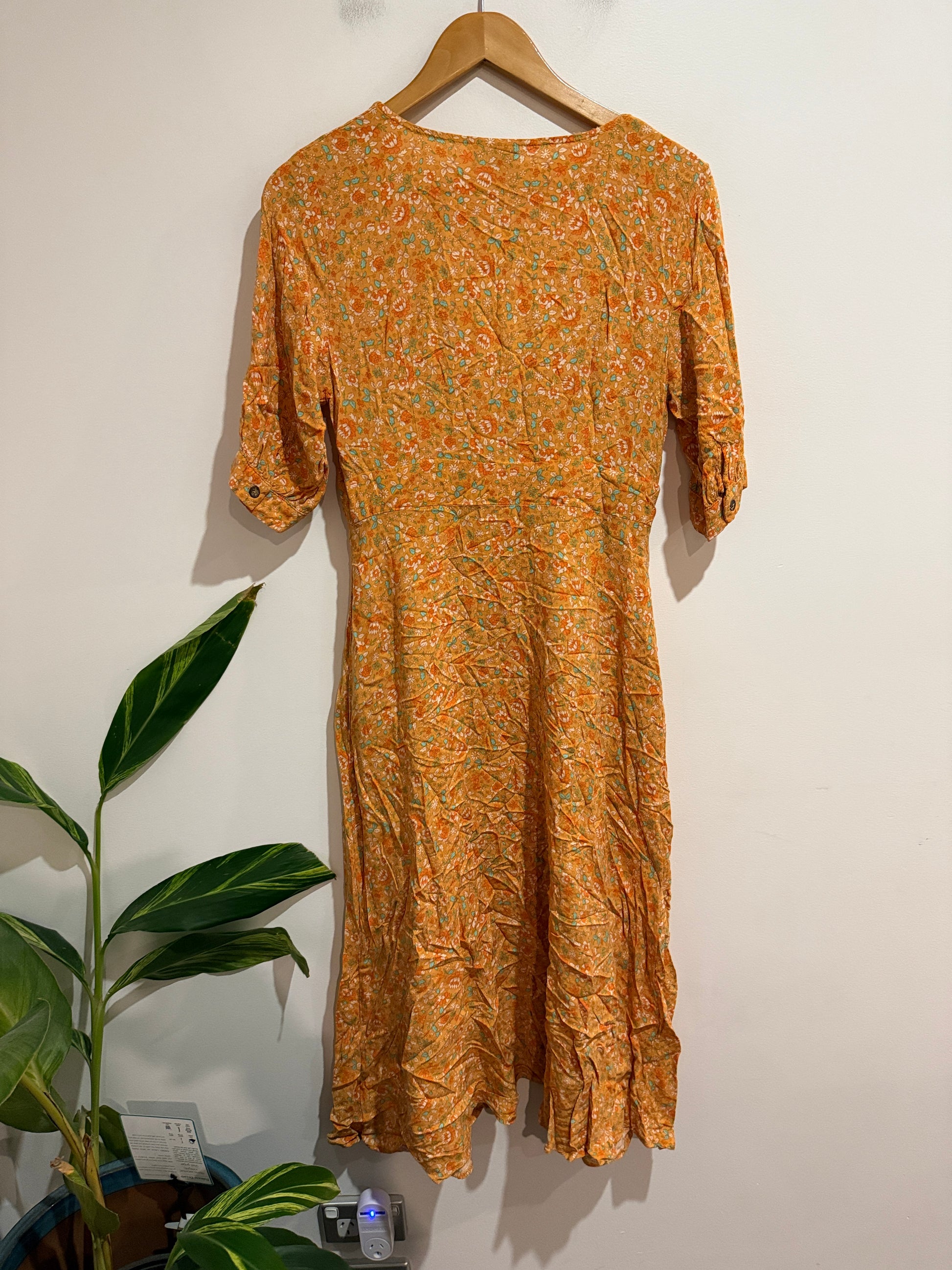 Silver Wishes Orange Floral Button Front Midi Dress | Size 8