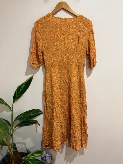 Silver Wishes Orange Floral Button Front Midi Dress | Size 8