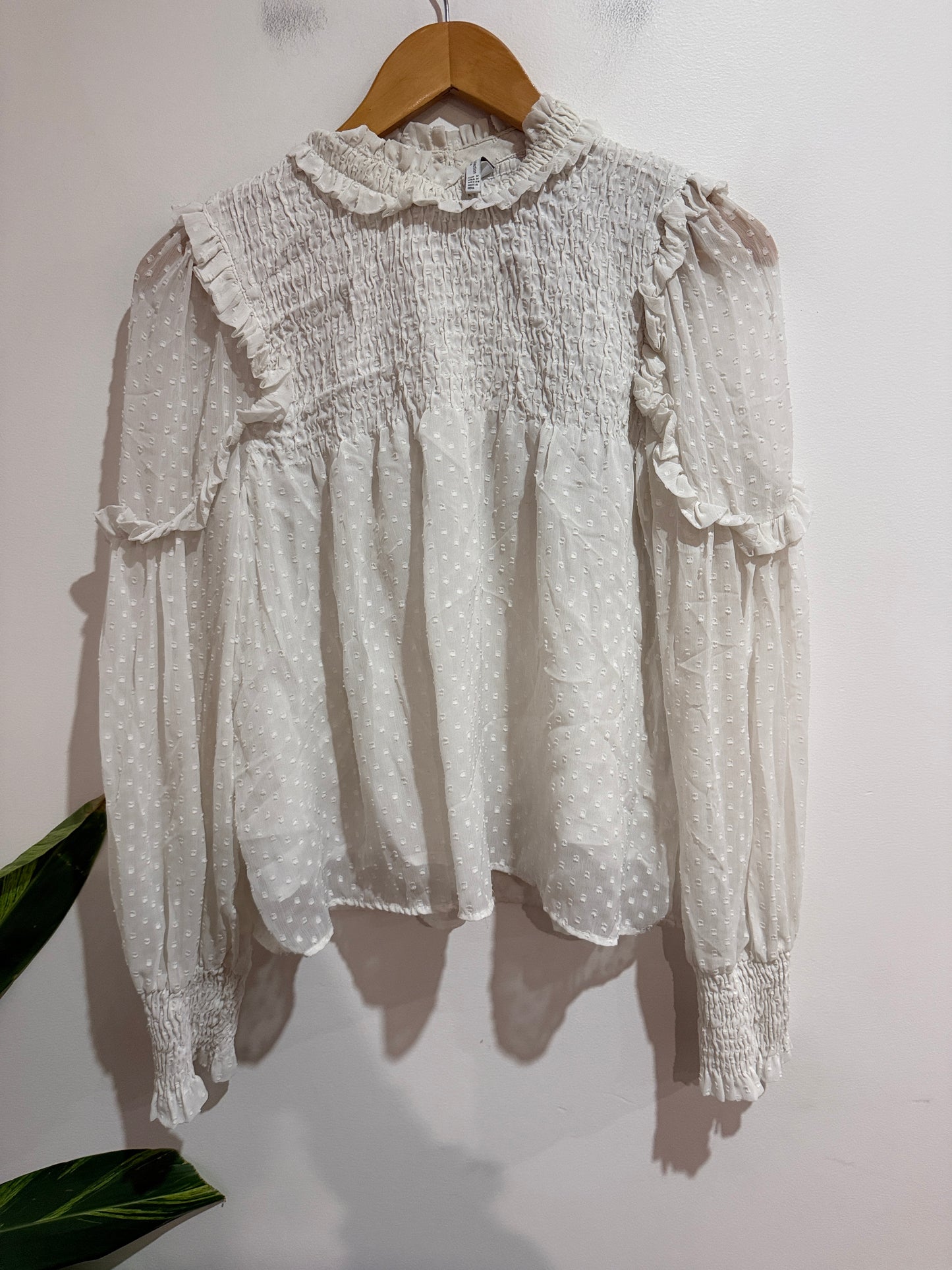 Zara White Swiss Dot Ruffle Blouse | EUR M