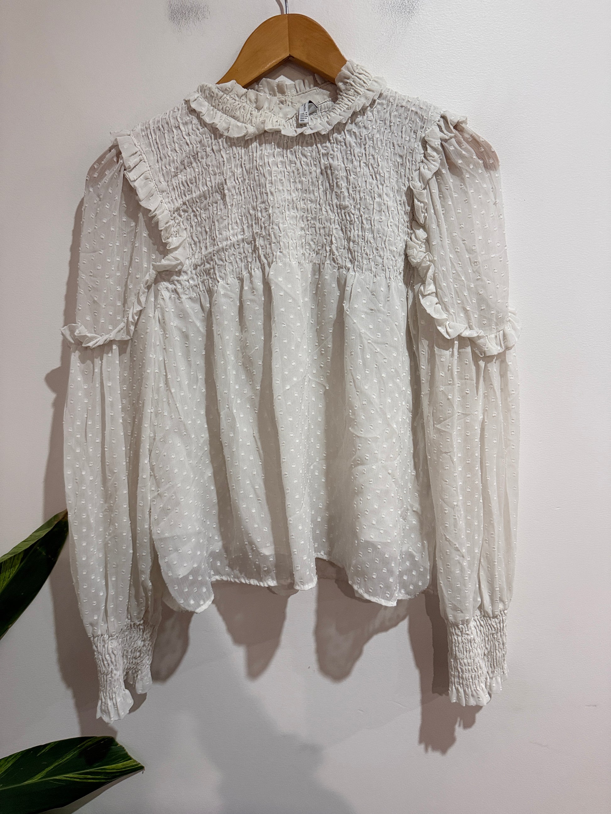 Zara White Swiss Dot Ruffle Blouse | EUR M