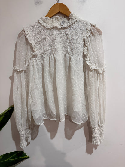 Zara White Swiss Dot Ruffle Blouse | EUR M