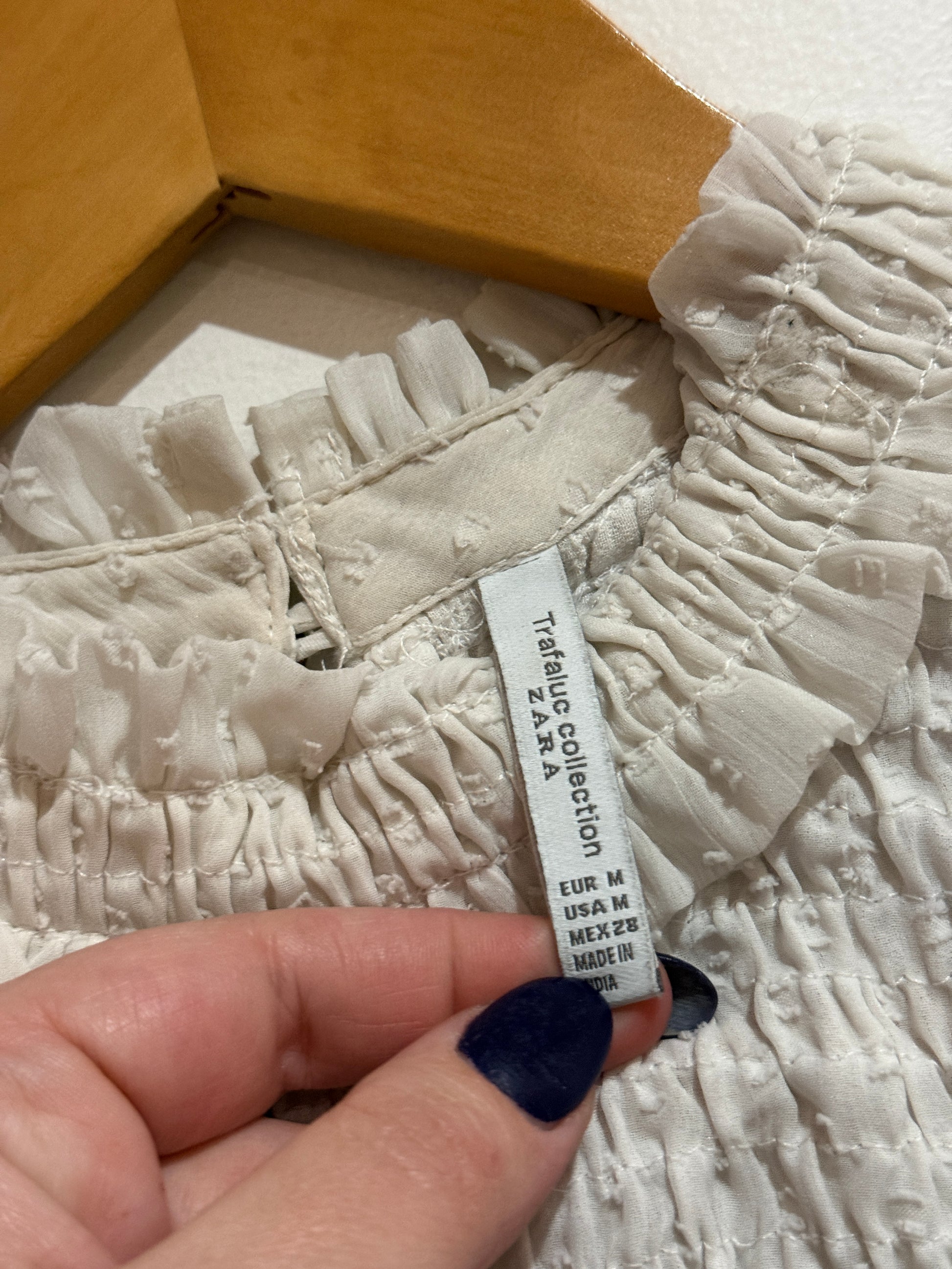 Zara White Swiss Dot Ruffle Blouse | EUR M