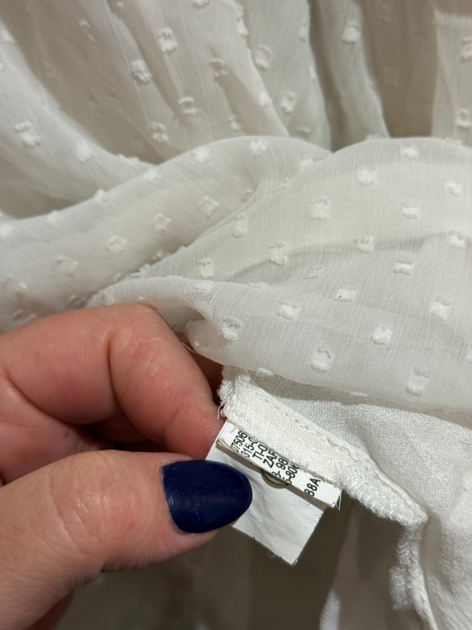 Zara White Swiss Dot Ruffle Blouse | EUR M