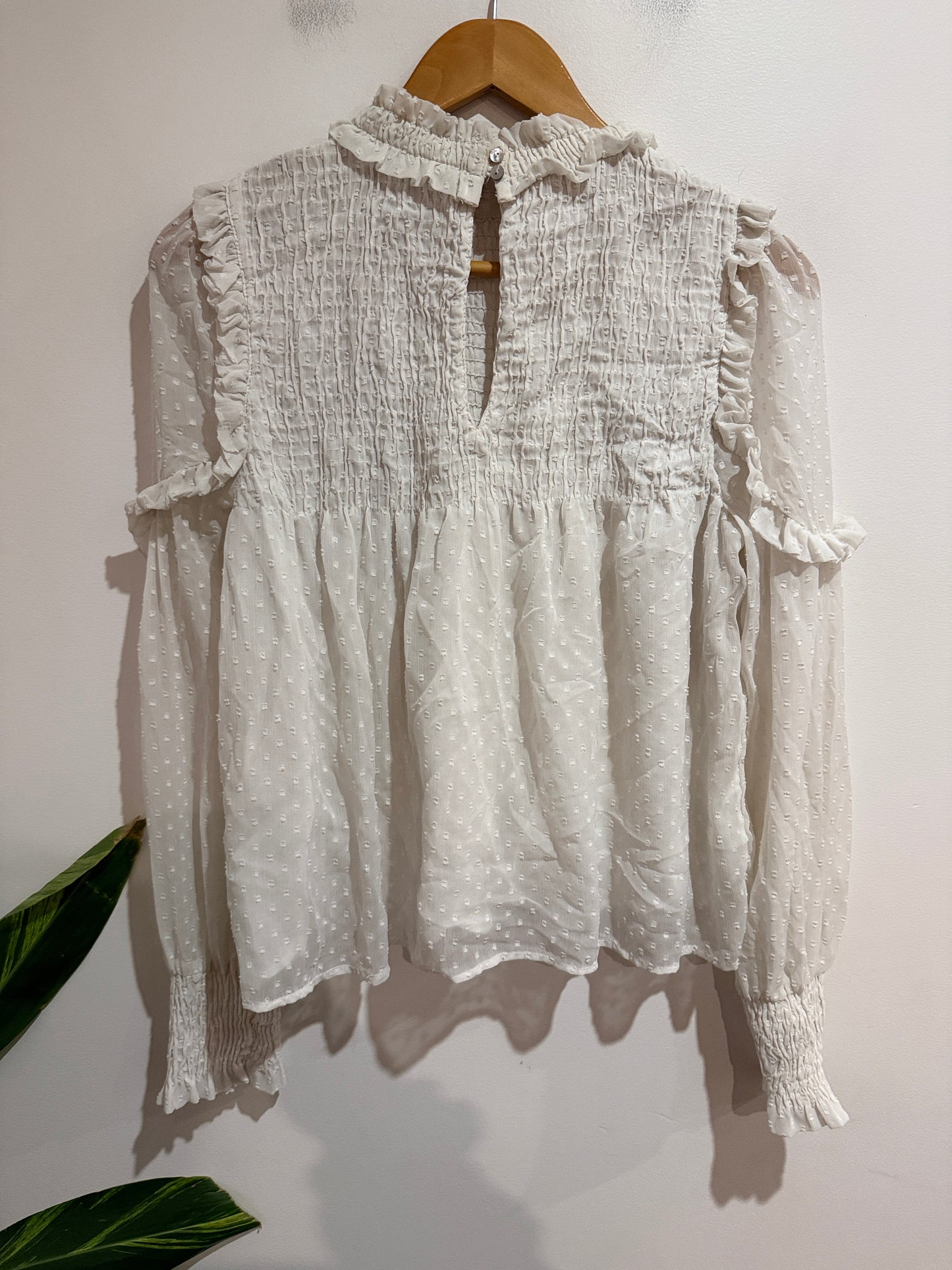 Zara White Swiss Dot Ruffle Blouse | EUR M