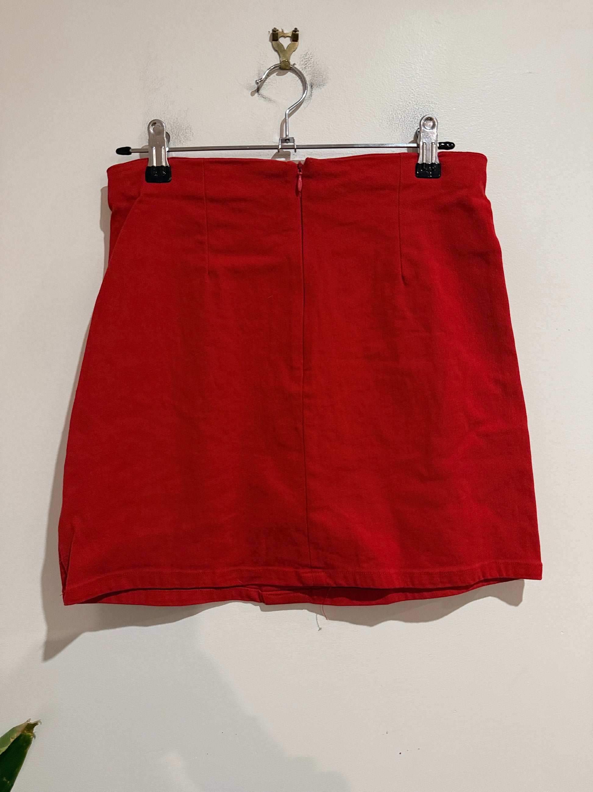 Mirrou Red Button Front Denim Mini Skirt