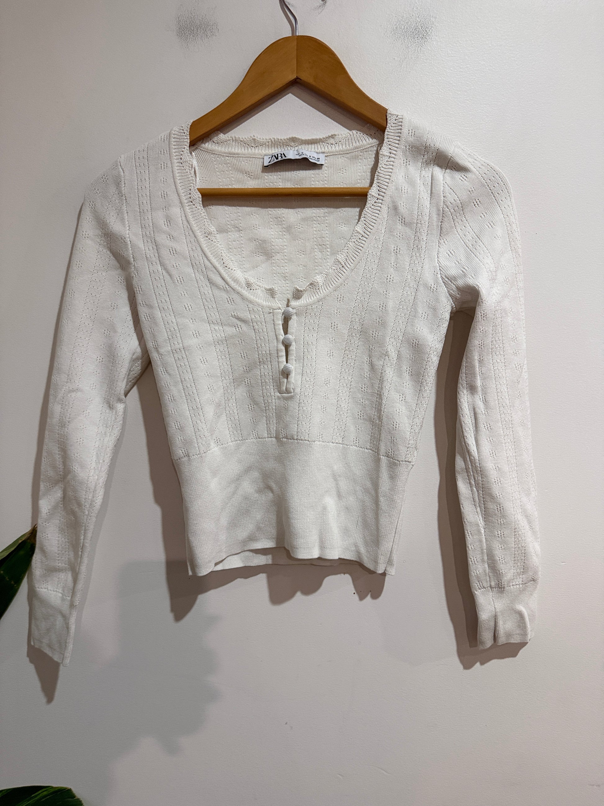 Zara Cream Knit Henley Crop Top | EUR S