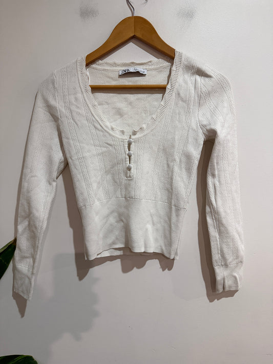 Zara Cream Knit Henley Crop Top | EUR S