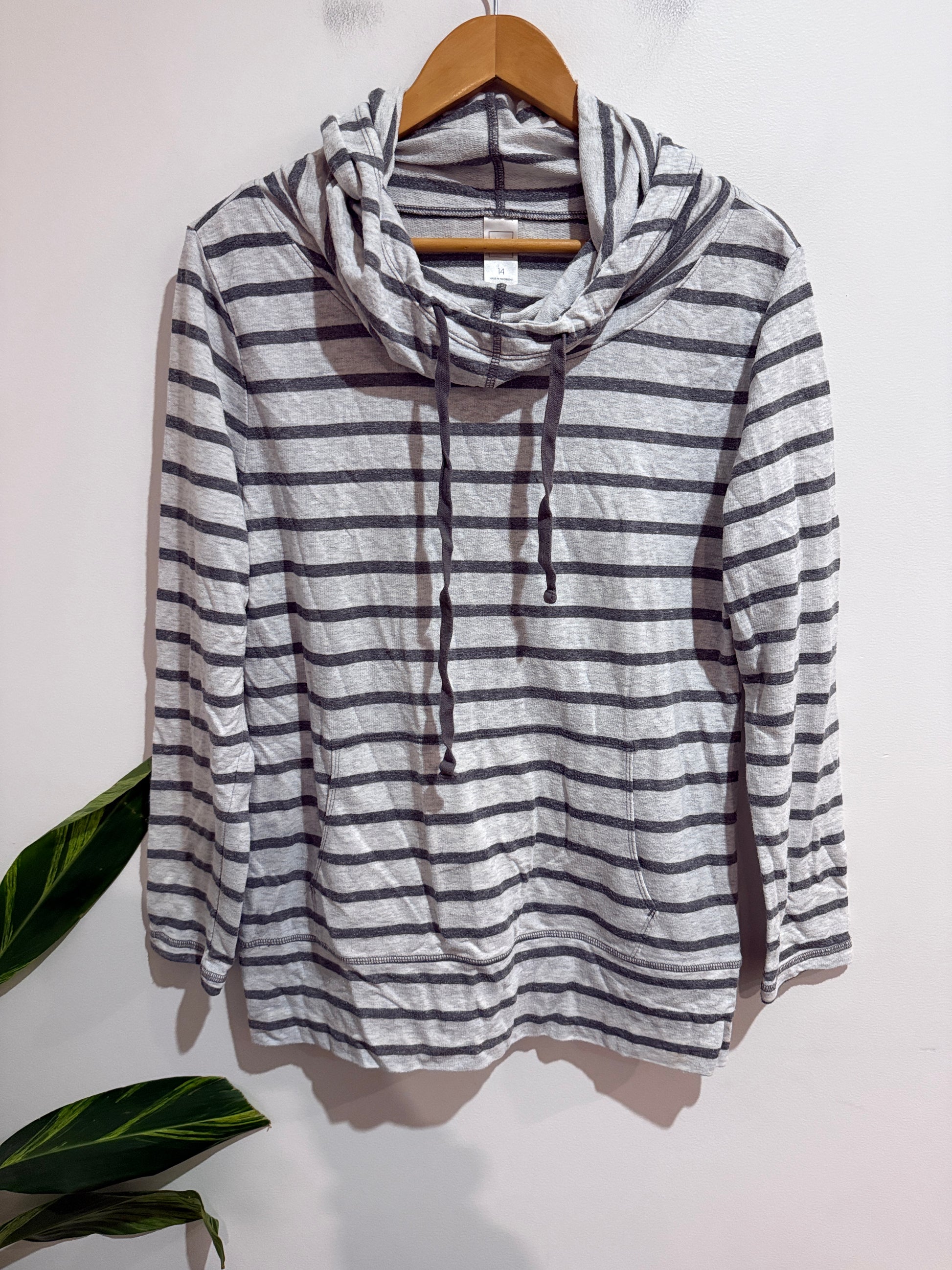 Clothing & Co Grey Striped Hooded Top - Size 14