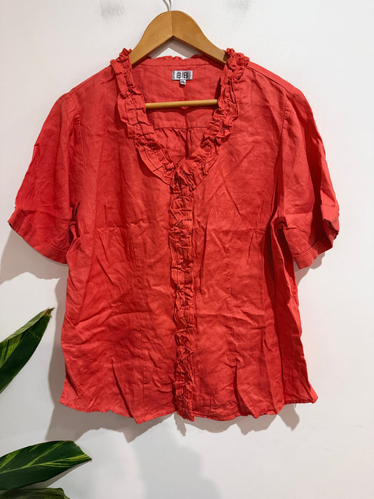 BIB Coral Linen Ruffle Front Blouse - Size 16