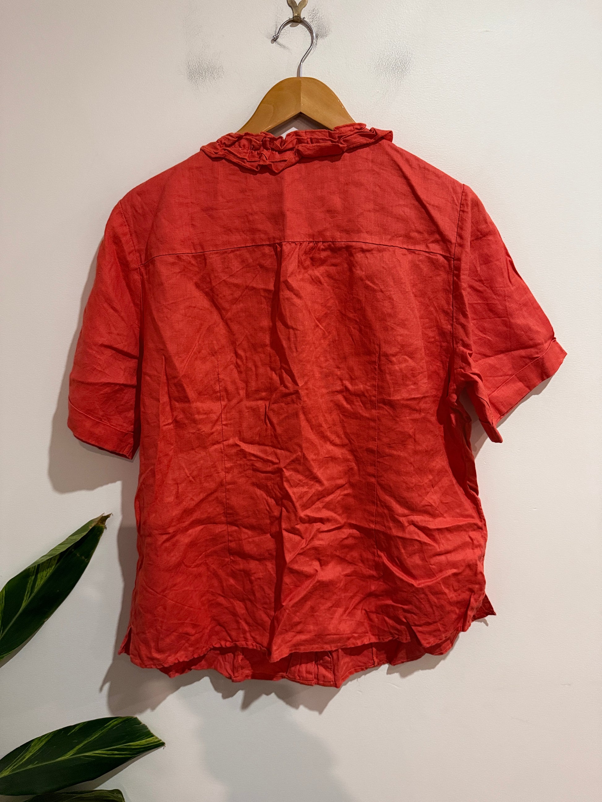 BIB Coral Linen Ruffle Front Blouse - Size 16