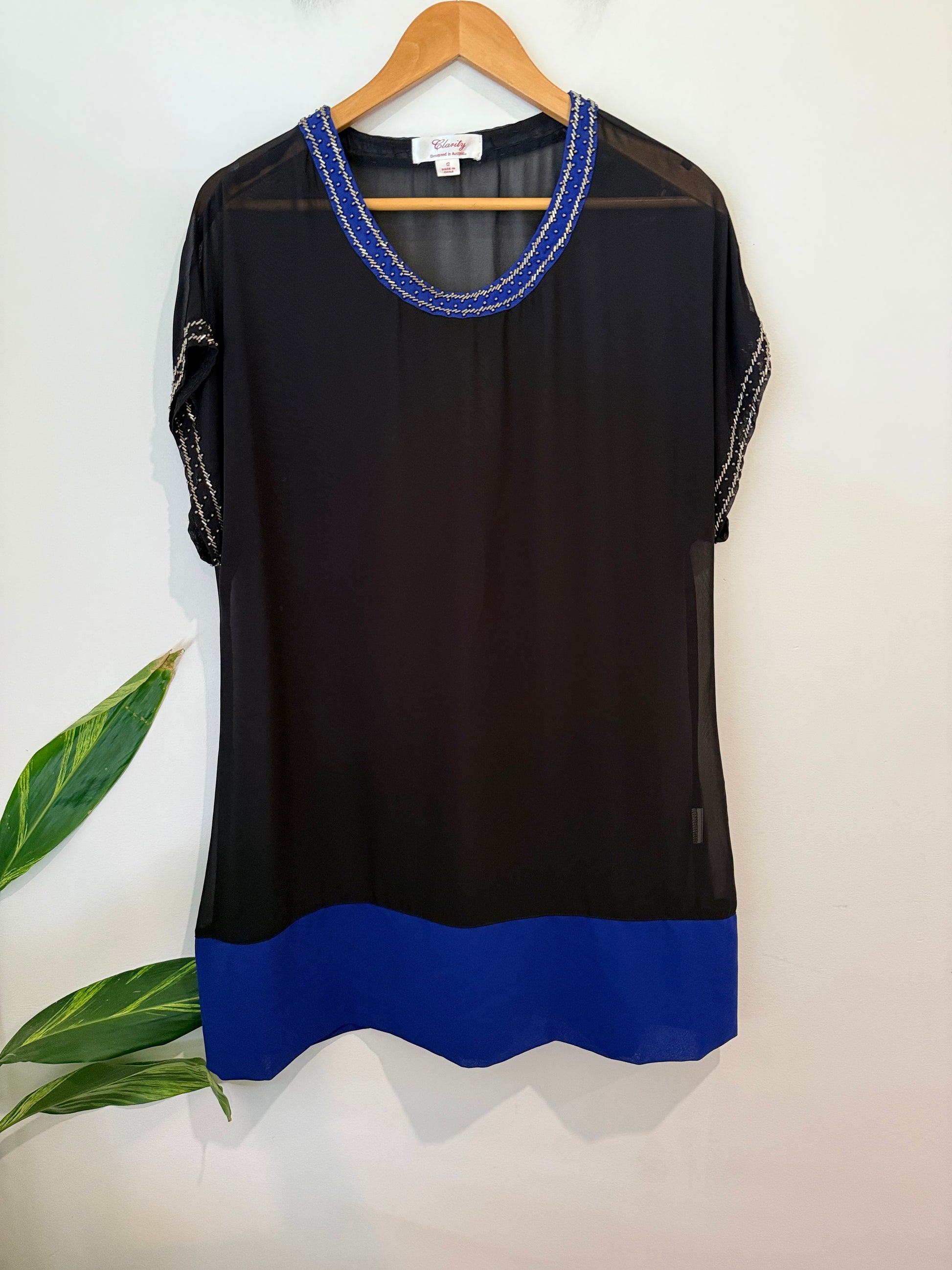 Clarity Black Sheer Top with Beaded Trim - Size 12