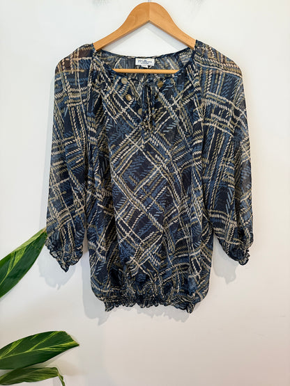 Millers Navy Plaid Print Peasant Top - Size 14
