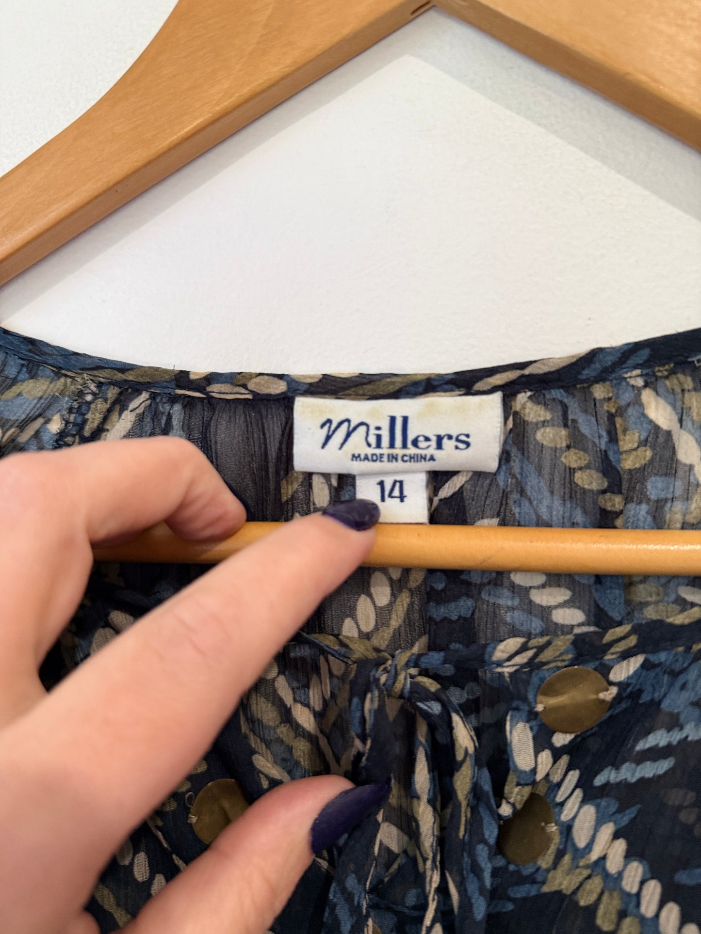 Millers Navy Plaid Print Peasant Top - Size 14