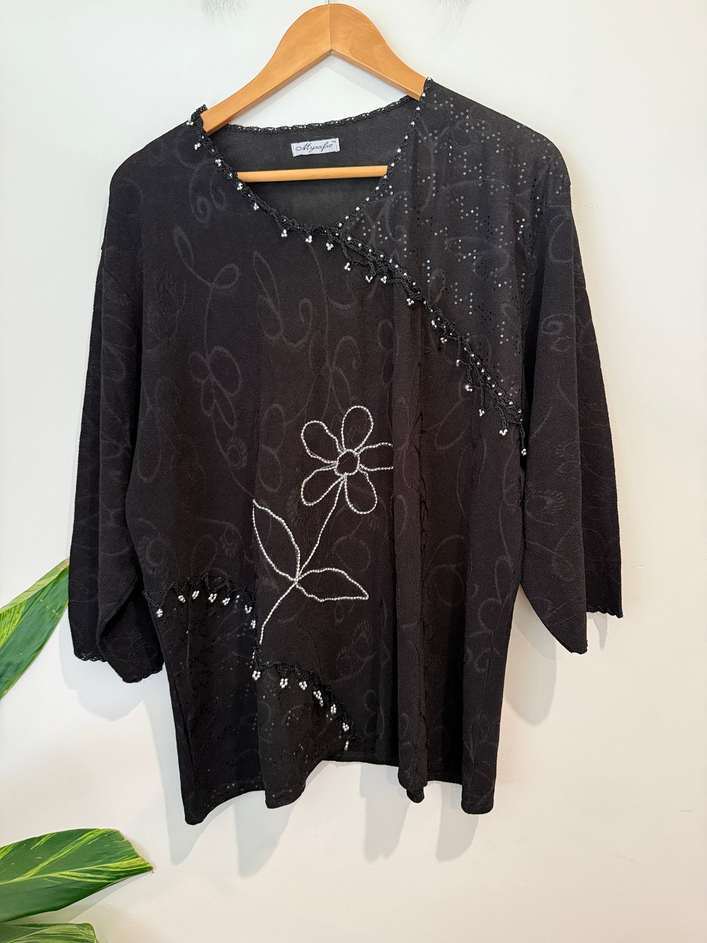 Unbranded Black Beaded Floral Batwing Top