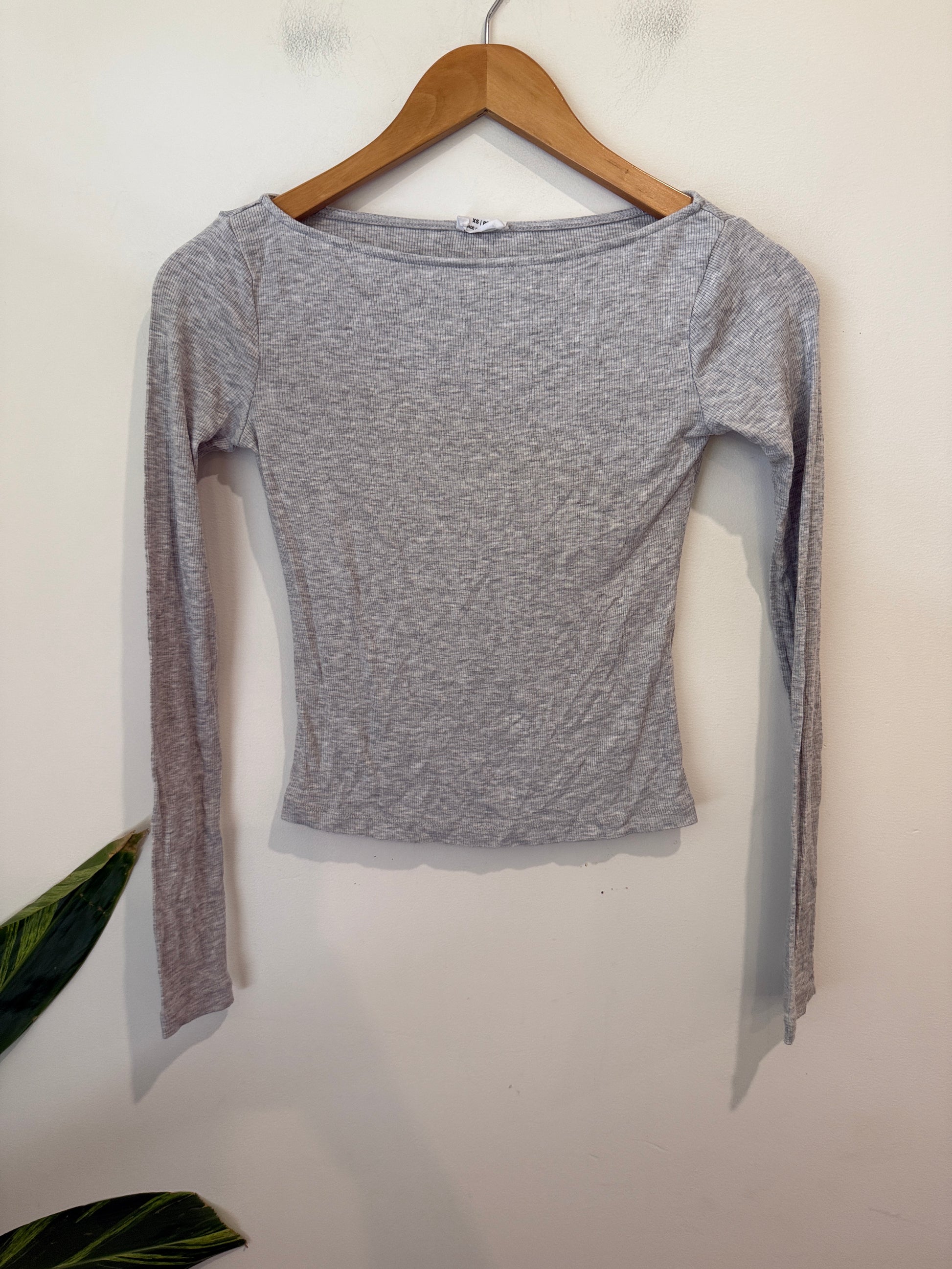 Cotton On Grey Ribbed Boat Neck Long Sleeve Top - Size XS