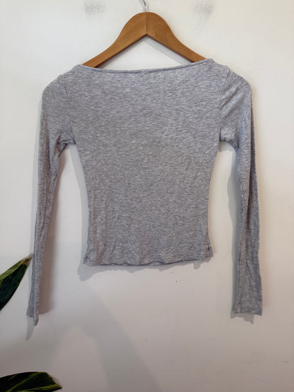 Cotton On Grey Ribbed Boat Neck Long Sleeve Top - Size XS