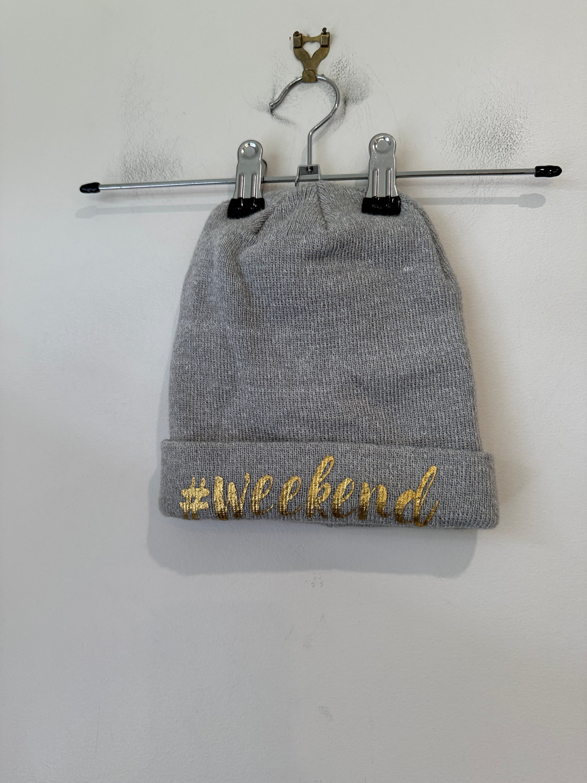 Grey Beanie with Gold Weekend Embroidery
