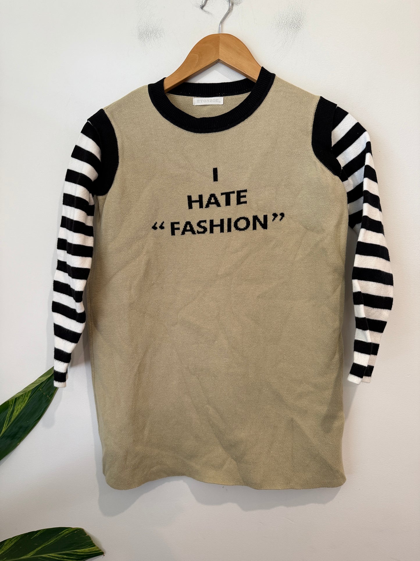 Etonzoe Khaki Knit Top with Striped Sleeves