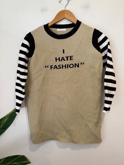 Etonzoe Khaki Knit Top with Striped Sleeves