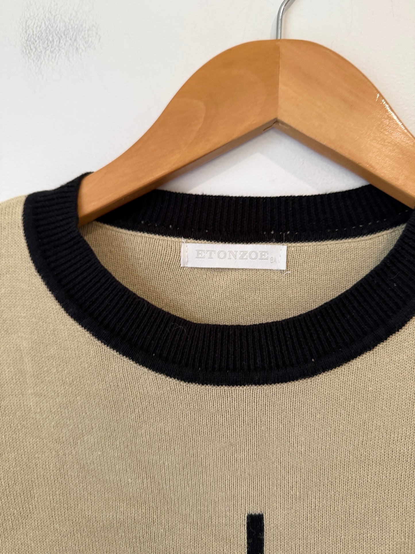 Etonzoe Khaki Knit Top with Striped Sleeves
