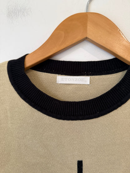 Etonzoe Khaki Knit Top with Striped Sleeves