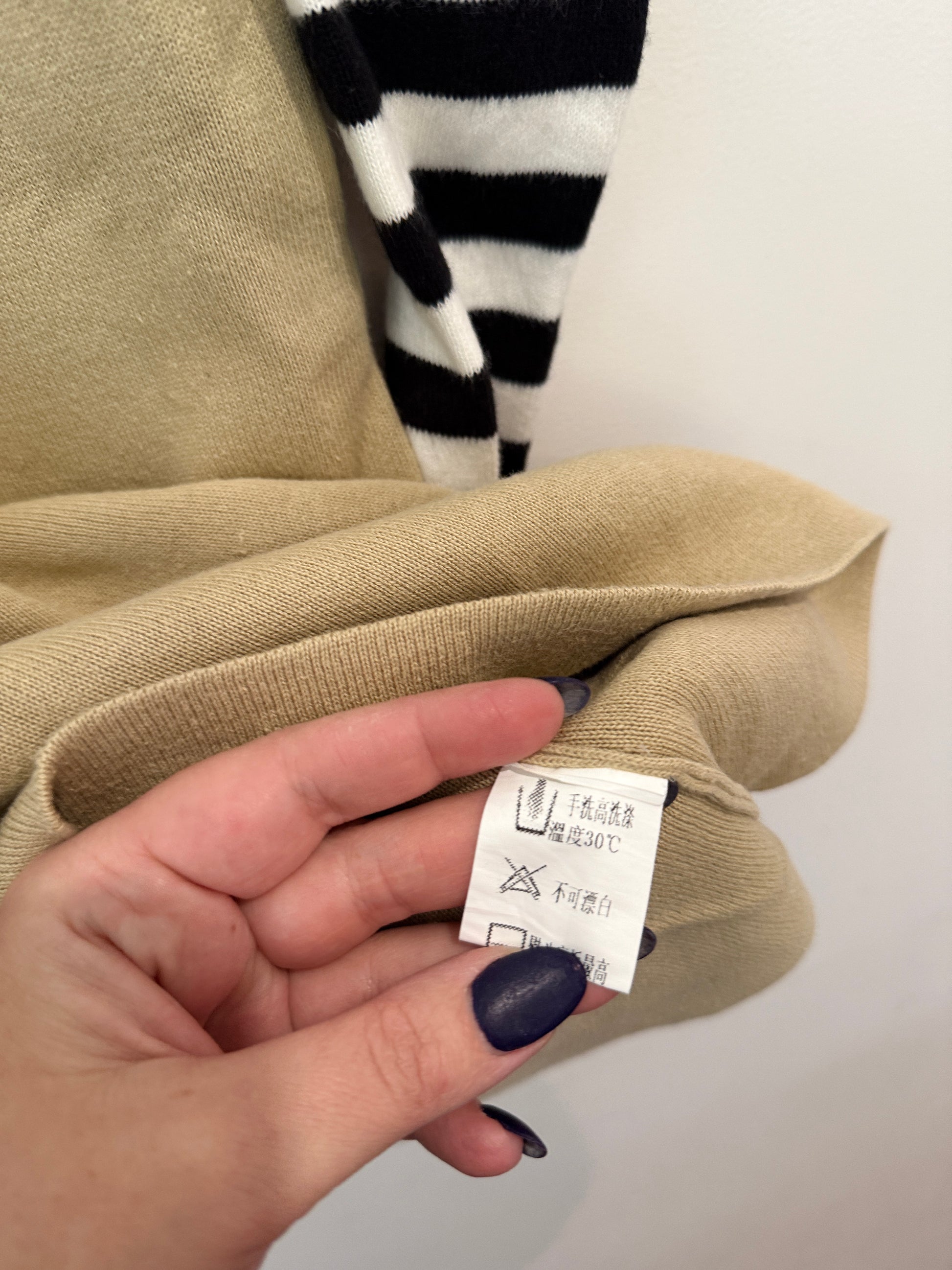 Etonzoe Khaki Knit Top with Striped Sleeves