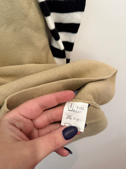 Etonzoe Khaki Knit Top with Striped Sleeves
