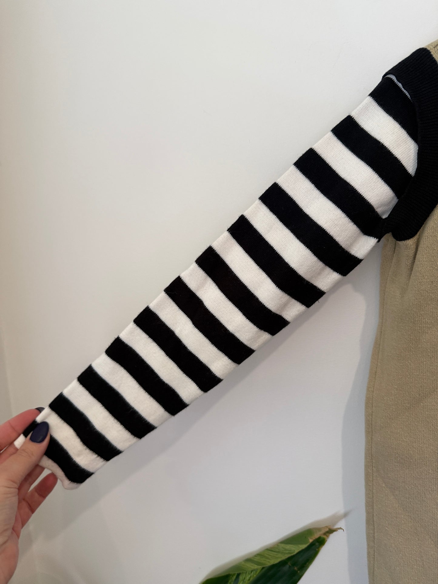 Etonzoe Khaki Knit Top with Striped Sleeves