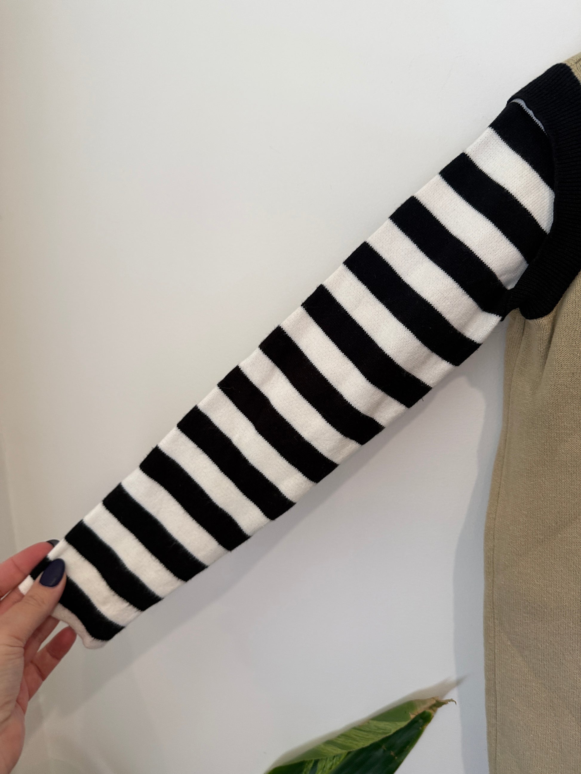 Etonzoe Khaki Knit Top with Striped Sleeves