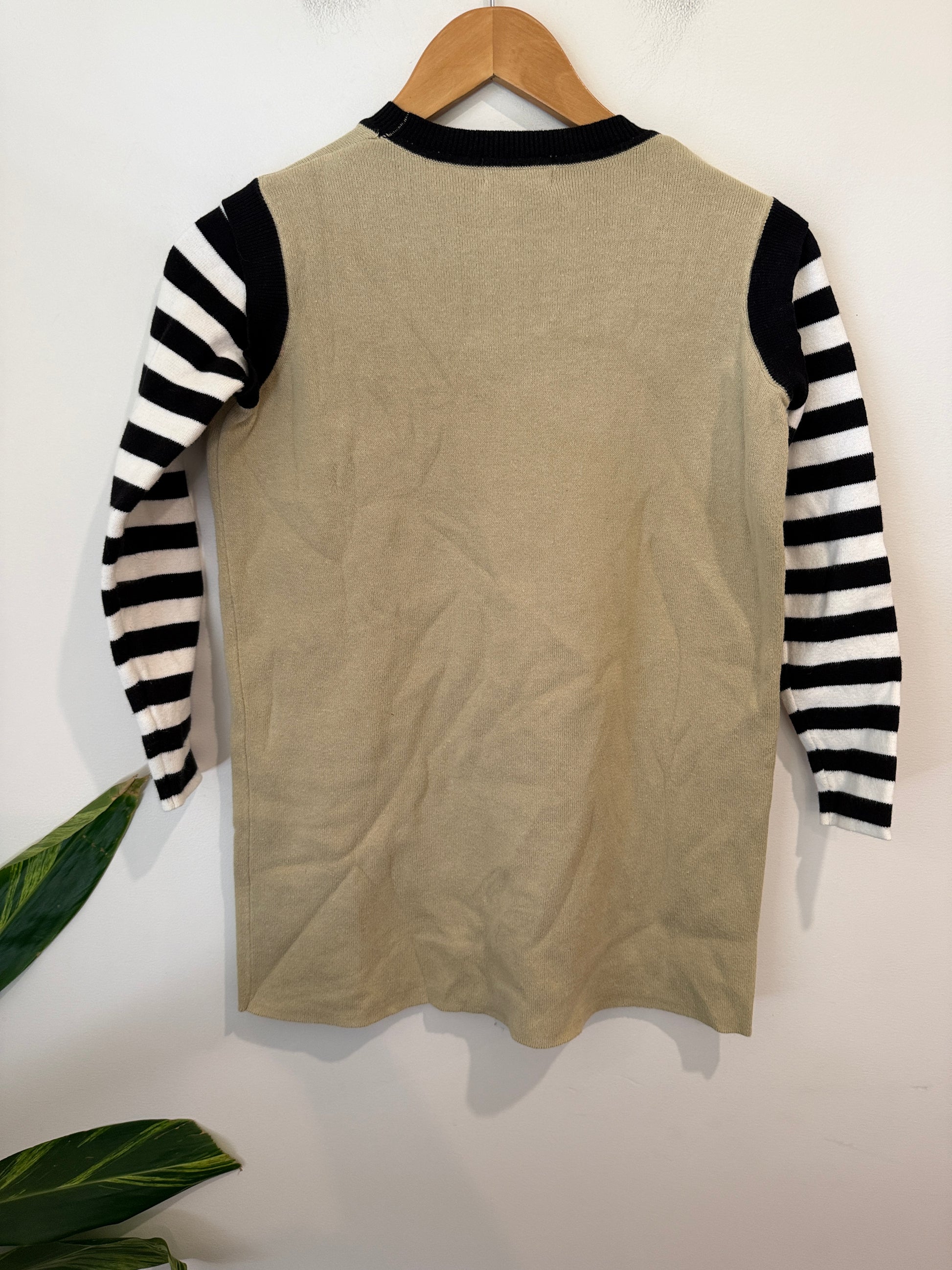 Etonzoe Khaki Knit Top with Striped Sleeves