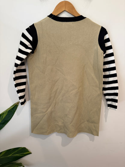 Etonzoe Khaki Knit Top with Striped Sleeves