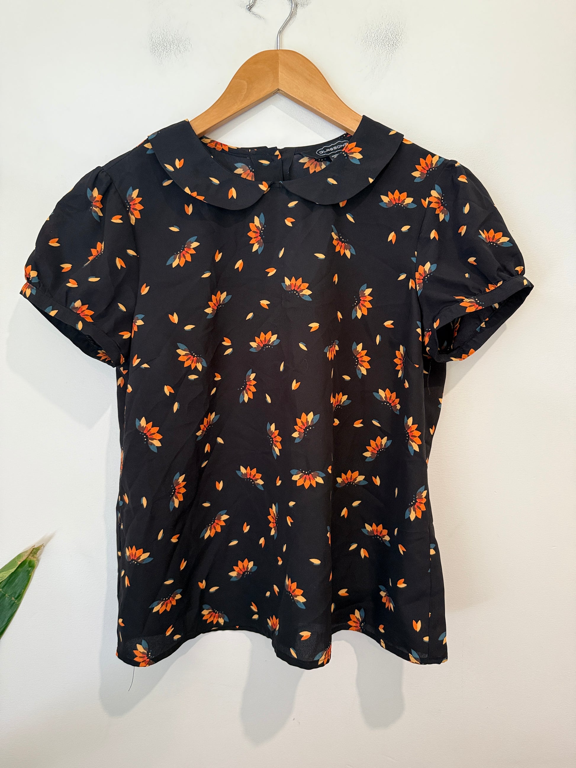 Glassons Black Floral Peter Pan Collar Top - Size 8
