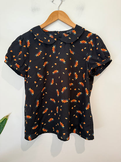 Glassons Black Floral Peter Pan Collar Top - Size 8