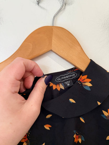 Glassons Black Floral Peter Pan Collar Top - Size 8